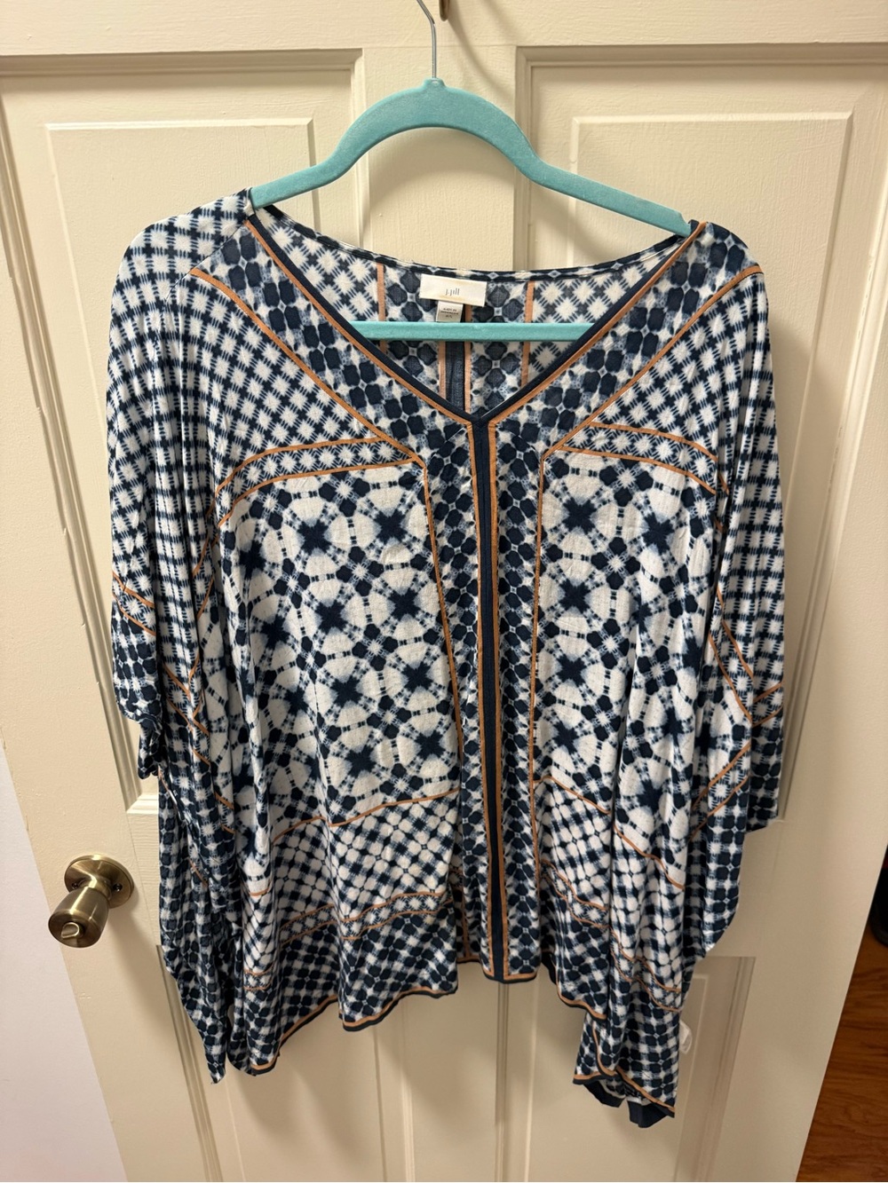 J. Jill Blue and White Patterned V-Neck Tunic with Tan Trim